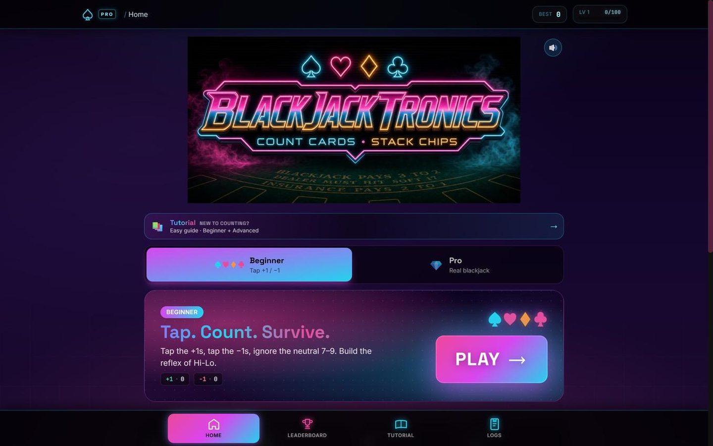 Blackjacktronics home screen with Beginner counting drill