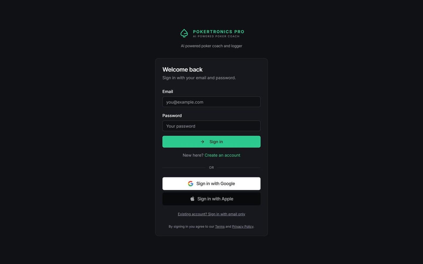 Pokertronics Pro sign-in screen
